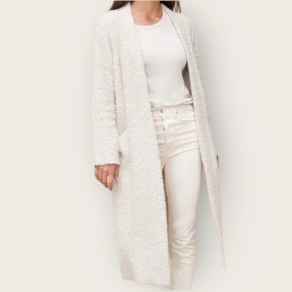 Jenni Kayne Boucle Sweater Coat | Medium | Ivory Long Cardigan Wool Fuzzy Cozy - Picture 4 of 13